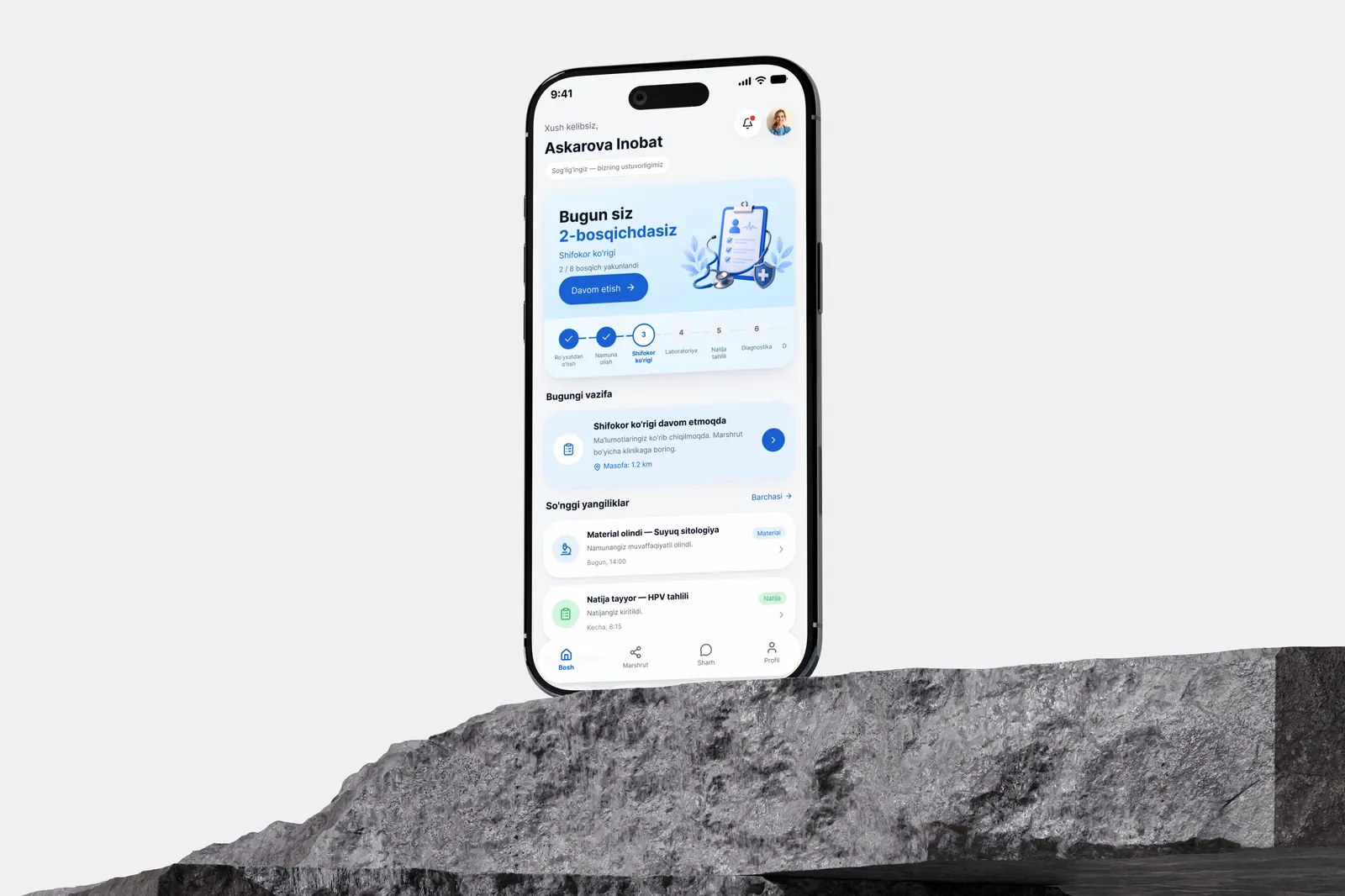 Sog'lom Ayol women's healthcare and screening application — iPhone mockup on rock podium